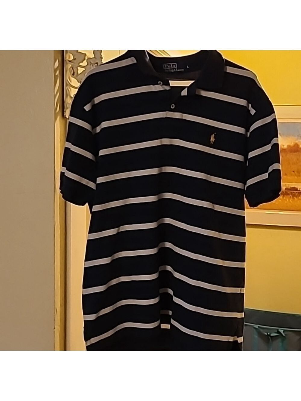Ralph Lauren Polo shirt sz L. Blue and cream Blue Label, (#219) EC. .